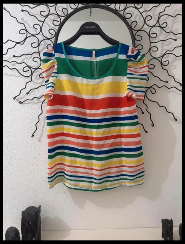 Blouse Rayée Bleue Et Verte Vera & Lucy Manches Bouffantes S 36